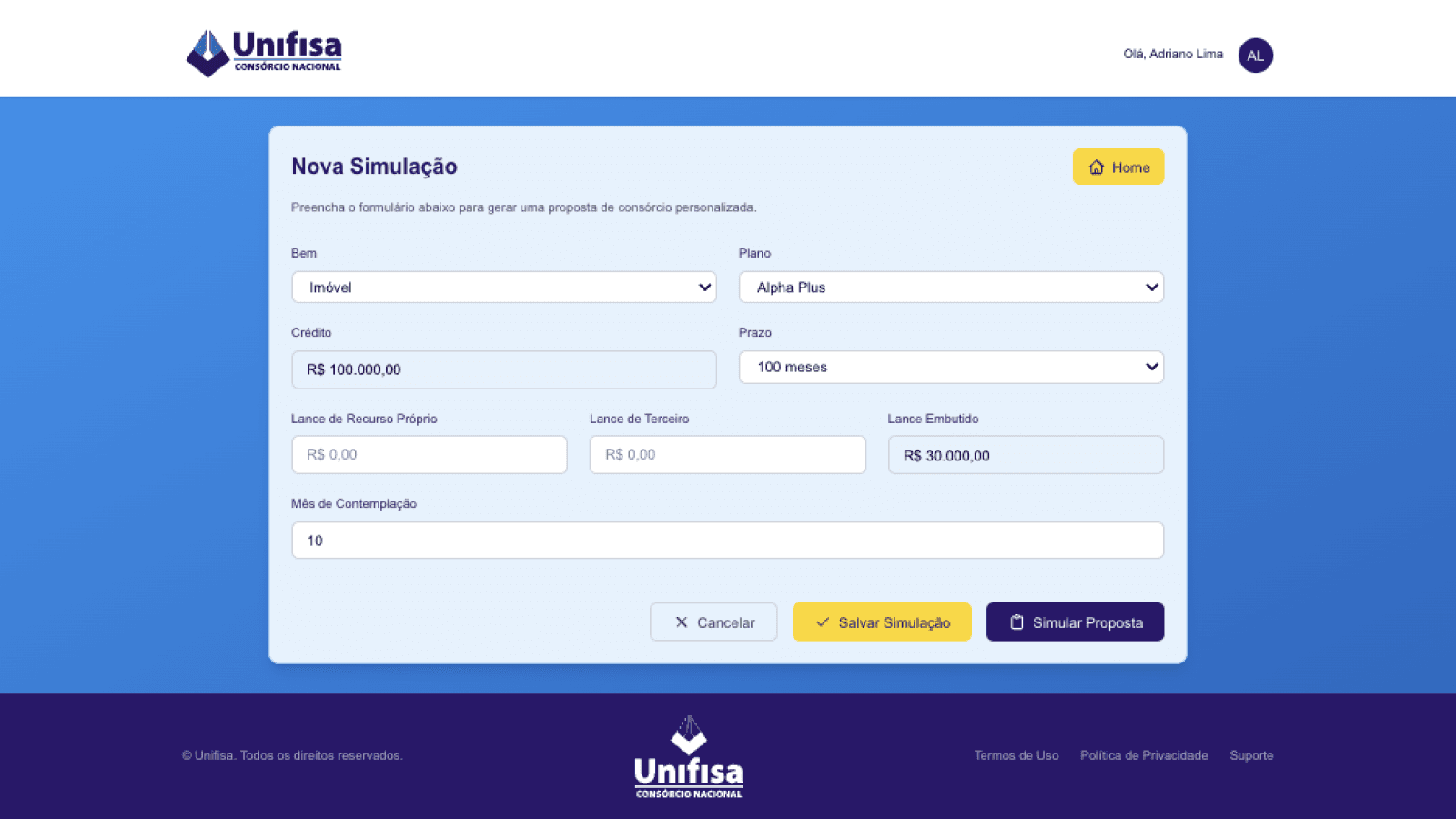 Screenshot do projeto: Simulador de Consórcios